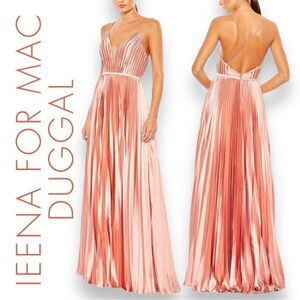 MAC DUGGAL Ieena by Mac Duggal Women’s Plunge Neck Pleated Evening Gown Size 4